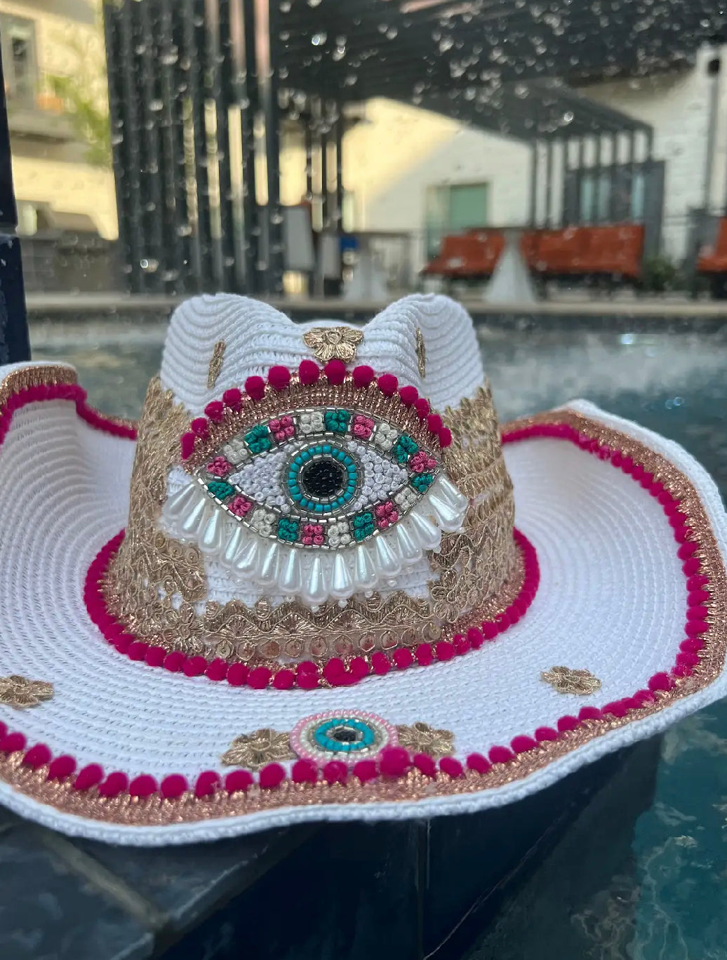 White Evil Eye Beach Hat